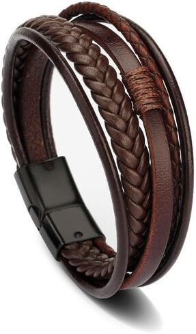 Men's Black Leather Multi-Strand Bracelet Modern Casual Brown Braided Bracelet Wristband Gift for Men Father's Day in Kuwait