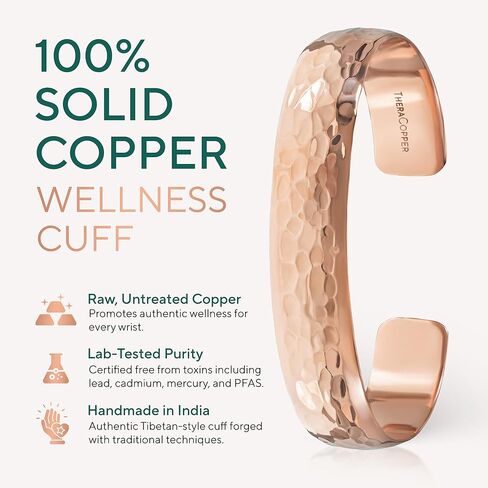 TheraCopper Copper Bracelet for Men & Women — 100% Pure Copper Bracelets — Raw, Solid & Uncoated Handmade Tibetan Bracelet Cuff Bangles (Hammered & Barrel Design) in Kuwait