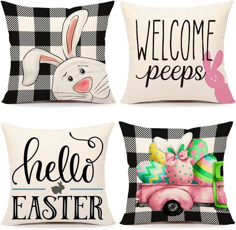 4TH Emotion Easter Pillow Covers 18x18 Set of 4 Easter Decorations for Spring Farmhouse Pillows Easter Decorative Throw Pillows Buffalo Plaid Bunny Eggs Throw Cushion Case for Home Decor TH086-18 in Kuwait