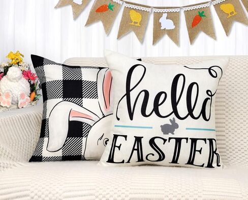 4TH Emotion Easter Pillow Covers 18x18 Set of 4 Easter Decorations for Spring Farmhouse Pillows Easter Decorative Throw Pillows Buffalo Plaid Bunny Eggs Throw Cushion Case for Home Decor TH086-18 in Kuwait