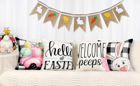 4TH Emotion Easter Pillow Covers 18x18 Set of 4 Easter Decorations for Spring Farmhouse Pillows Easter Decorative Throw Pillows Buffalo Plaid Bunny Eggs Throw Cushion Case for Home Decor TH086-18 in Kuwait