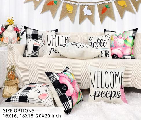 4TH Emotion Easter Pillow Covers 18x18 Set of 4 Easter Decorations for Spring Farmhouse Pillows Easter Decorative Throw Pillows Buffalo Plaid Bunny Eggs Throw Cushion Case for Home Decor TH086-18 in Kuwait