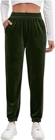 Velour Pants Women Velvet Elastic Waist Tapered Cinch Bottom Sweatpants Joggers Active Casual Lounge Pant with Pockets in Saudi Arabia