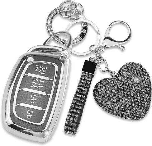 Compatible with Hyundai Key Fob Cover with Diamond Keychain, Compatible with Elantra Ioniq Sonata Tucson Elantra GT Smart Remote Key Protector for Women (4 Buttons-Pink Heart) in Saudi Arabia