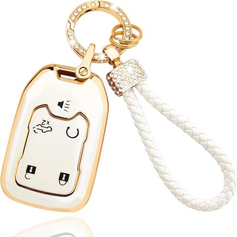 OLLEN Key Fob Cover Fit for GMC Acadia/Terrain/Sierra, Fit for Chevy Silverado 2017-2024, Full Protection Soft TPU Key Case, 5 Button, with Bling Keychain, White in Kuwait