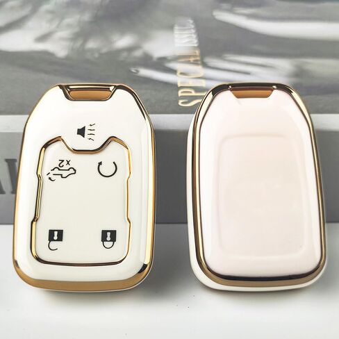 OLLEN Key Fob Cover Fit for GMC Acadia/Terrain/Sierra, Fit for Chevy Silverado 2017-2024, Full Protection Soft TPU Key Case, 5 Button, with Bling Keychain, White in Saudi Arabia