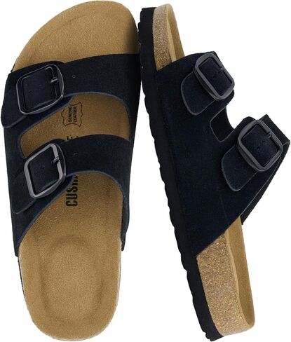 CUSHIONAIRE Logo 100% Genuine Leather Suede Slides for Women, Cushioned Cork Footbed Womens Sandals with Adjustable Buckles and Memory Foam in Saudi Arabia