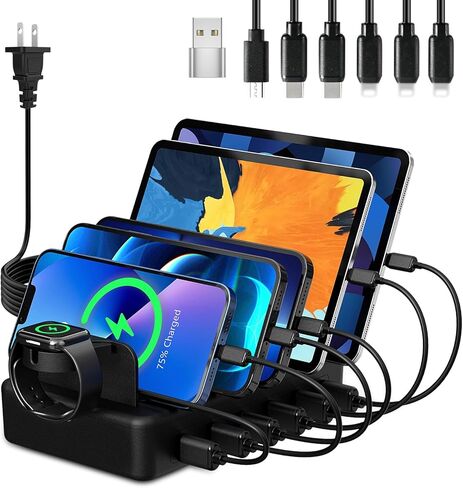 Charging Station for Multiple Devices, CREATIVE DESIGN 50W 6 Ports USB Charger Station with Apple Watch Holder & 6 Cables, Charging Dock for iPad Cellphone Kindle Tablet and Other Electronic (Black) in Kuwait