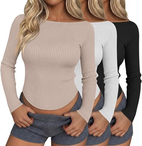 Huukeay 3 Pack Womens Boat Neck Long Sleeve Ribbed Tops Fitted Shirts Cotton Curved Hem Crop Casual Basic Layer Tees Go Out in Saudi Arabia