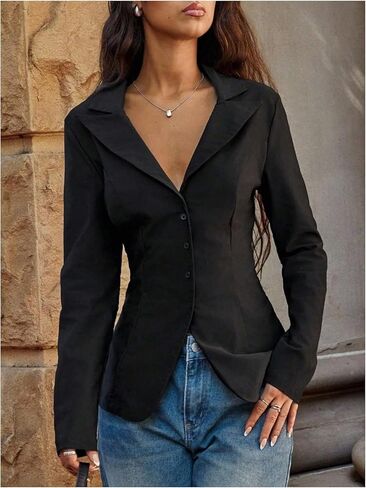 WDIRARA Women's Button Down Shirts Long Sleeve Collared V Neck Split Blouse Work Office Tops in Saudi Arabia