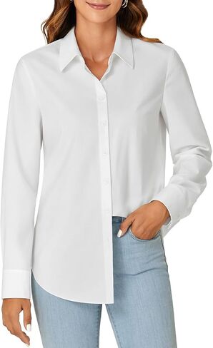 KIFOVEN Women's Button Down Shirt Long Sleeve Collared Office Work Business Blouse Top Solid White X-Large in Kuwait