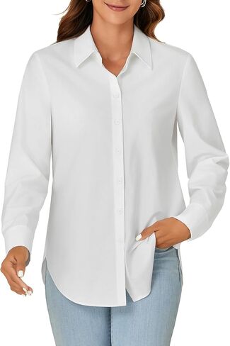 KIFOVEN Women's Button Down Shirt Long Sleeve Collared Office Work Business Blouse Top Solid White X-Large in Kuwait