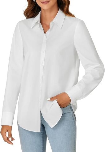 KIFOVEN Women's Button Down Shirt Long Sleeve Collared Office Work Business Blouse Top Solid White X-Large in Kuwait