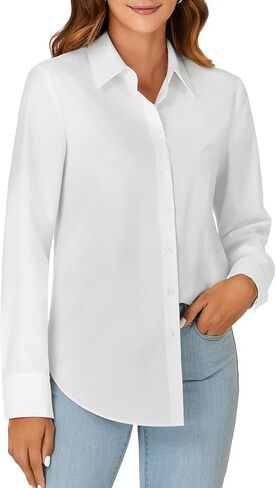 KIFOVEN Women's Button Down Shirt Long Sleeve Collared Office Work Business Blouse Top Solid White X-Large in Kuwait