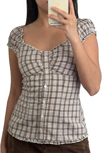 Women Button Down Ruffle Top Deep V Neck Smocked Cap Sleeved Coquette Frill Cute Shirt Slim Fit Casual Blouse in Saudi Arabia