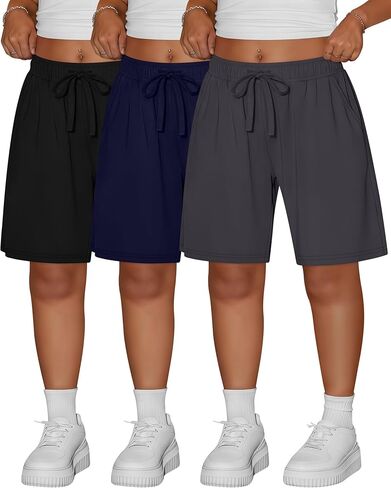 Ficerd 3 Pack المرأة زائد برمودا السراويل القطنية الرباط طول الركبة Sweatpants السراويل الرياضية عارضة السراويل مع جيوب in Kuwait