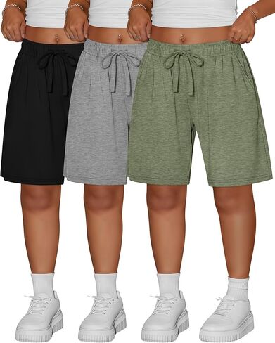 Ficerd 3 Pack المرأة زائد برمودا السراويل القطنية الرباط طول الركبة Sweatpants السراويل الرياضية عارضة السراويل مع جيوب in Saudi Arabia