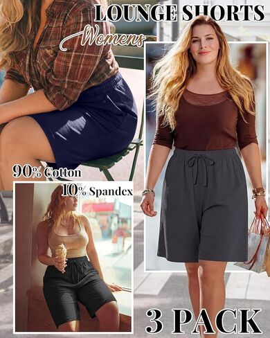 Ficerd 3 Pack المرأة زائد برمودا السراويل القطنية الرباط طول الركبة Sweatpants السراويل الرياضية عارضة السراويل مع جيوب in Kuwait