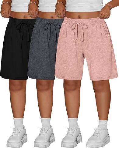 Ficerd 3 Pack المرأة زائد برمودا السراويل القطنية الرباط طول الركبة Sweatpants السراويل الرياضية عارضة السراويل مع جيوب in Kuwait
