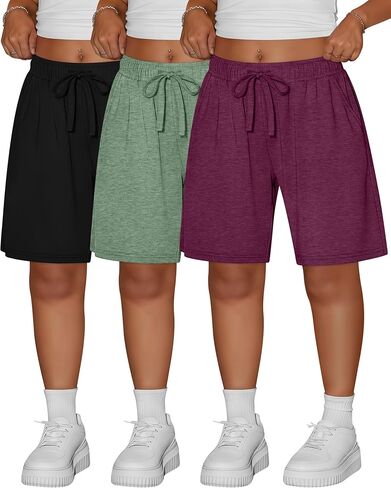 Ficerd 3 Pack المرأة زائد برمودا السراويل القطنية الرباط طول الركبة Sweatpants السراويل الرياضية عارضة السراويل مع جيوب in Kuwait