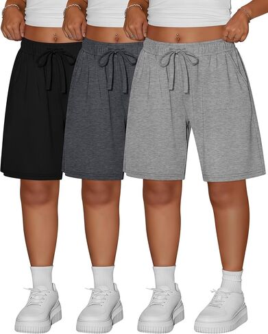 Ficerd 3 Pack المرأة زائد برمودا السراويل القطنية الرباط طول الركبة Sweatpants السراويل الرياضية عارضة السراويل مع جيوب in Kuwait