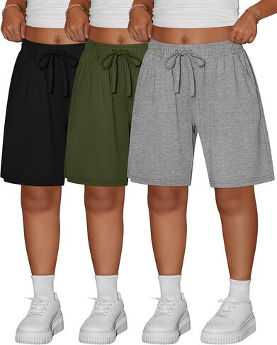 Ficerd 3 Pack المرأة زائد برمودا السراويل القطنية الرباط طول الركبة Sweatpants السراويل الرياضية عارضة السراويل مع جيوب in Kuwait