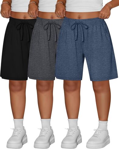 Ficerd 3 Pack المرأة زائد برمودا السراويل القطنية الرباط طول الركبة Sweatpants السراويل الرياضية عارضة السراويل مع جيوب in Kuwait