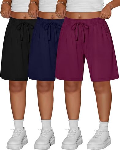 Ficerd 3 Pack المرأة زائد برمودا السراويل القطنية الرباط طول الركبة Sweatpants السراويل الرياضية عارضة السراويل مع جيوب in Kuwait