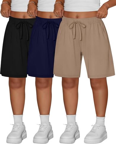 Ficerd 3 Pack المرأة زائد برمودا السراويل القطنية الرباط طول الركبة Sweatpants السراويل الرياضية عارضة السراويل مع جيوب in Kuwait
