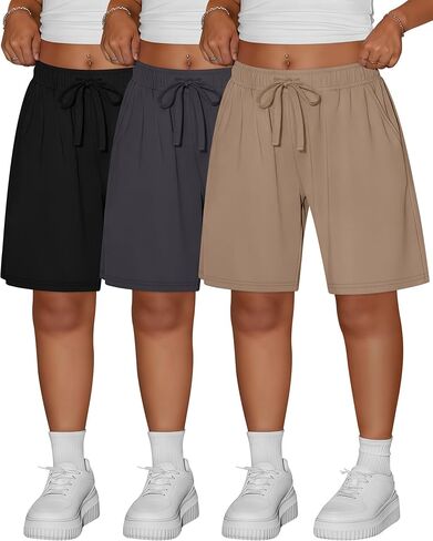 Ficerd 3 Pack المرأة زائد برمودا السراويل القطنية الرباط طول الركبة Sweatpants السراويل الرياضية عارضة السراويل مع جيوب in Kuwait