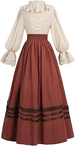 LTAKK Victorian Dress Women Edwardian Dresses 1800s Vintage Medieval Renaissance Costume 2-Piece, Brick Red, XXL in Kuwait