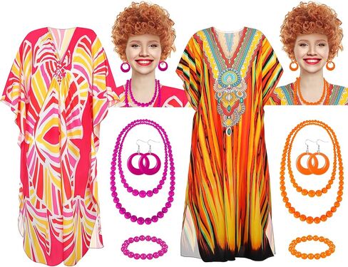 10pcs Landlady Bulk Costume Set Curly Brown Wig Print Caftan Dresses Jewelry Set for Halloween Women Cosplay Party(Pink,Novel) in Kuwait
