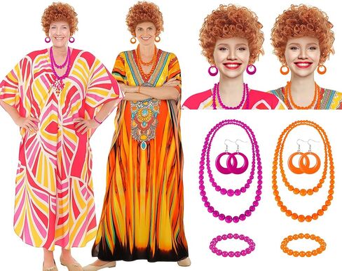 10pcs Landlady Bulk Costume Set Curly Brown Wig Print Caftan Dresses Jewelry Set for Halloween Women Cosplay Party(Pink,Novel) in Kuwait