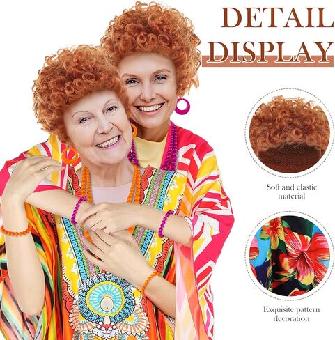 10pcs Landlady Bulk Costume Set Curly Brown Wig Print Caftan Dresses Jewelry Set for Halloween Women Cosplay Party(Pink,Novel) in Kuwait