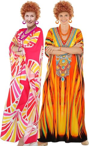 10pcs Landlady Bulk Costume Set Curly Brown Wig Print Caftan Dresses Jewelry Set for Halloween Women Cosplay Party(Pink,Novel) in Kuwait