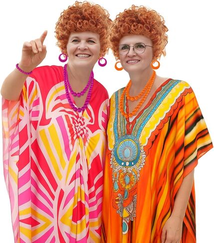 10pcs Landlady Bulk Costume Set Curly Brown Wig Print Caftan Dresses Jewelry Set for Halloween Women Cosplay Party(Pink,Novel) in Kuwait