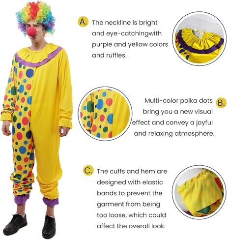 Wildarms Jester Clown Costume - Multi-Color Dotted Jumpsuit with Ruffles for Halloween, Christmas & Carnival in Saudi Arabia