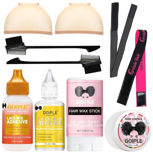 مجموعة أساسيات إكسسوارات الشعر المستعار، غراء ومزيل للشعر المستعار بدانتيل أمامي، قبعات شعر مستعار، شريط مطاطي، عصا شمع الشعر، التحكم في الحواف، فرشاة الحواف، أداة حلاقة لقص الشعر ووشاح للحواف - 10 قطع in Kuwait