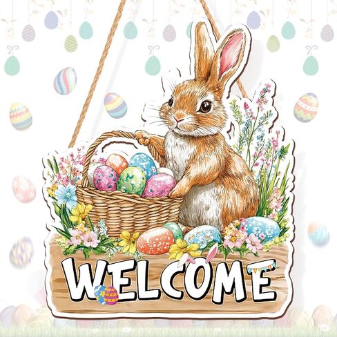أرنب عيد الفصح ترحيب علامة الباب الخشبية، مزرعة الربيع شنقا أرنب الديكور الباب الأمامي مع البيض، ريفي باب الخشب شماعات للشرفة، الجدار، ديكور داخلي في الهواء الطلق in Kuwait