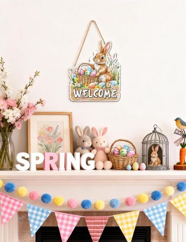 أرنب عيد الفصح ترحيب علامة الباب الخشبية، مزرعة الربيع شنقا أرنب الديكور الباب الأمامي مع البيض، ريفي باب الخشب شماعات للشرفة، الجدار، ديكور داخلي في الهواء الطلق in Kuwait