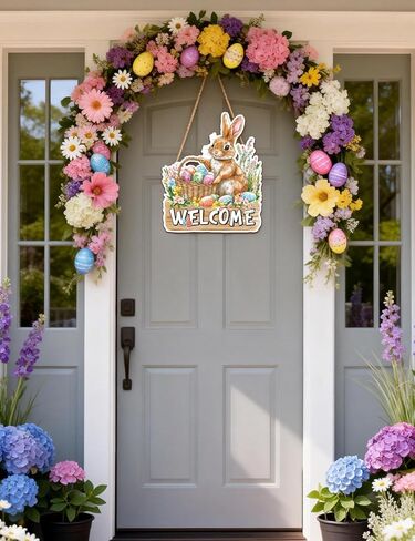 أرنب عيد الفصح ترحيب علامة الباب الخشبية، مزرعة الربيع شنقا أرنب الديكور الباب الأمامي مع البيض، ريفي باب الخشب شماعات للشرفة، الجدار، ديكور داخلي في الهواء الطلق in Kuwait