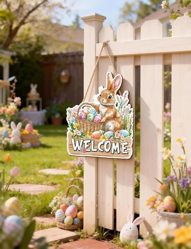 أرنب عيد الفصح ترحيب علامة الباب الخشبية، مزرعة الربيع شنقا أرنب الديكور الباب الأمامي مع البيض، ريفي باب الخشب شماعات للشرفة، الجدار، ديكور داخلي في الهواء الطلق in Kuwait