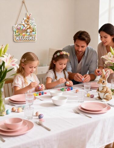 أرنب عيد الفصح ترحيب علامة الباب الخشبية، مزرعة الربيع شنقا أرنب الديكور الباب الأمامي مع البيض، ريفي باب الخشب شماعات للشرفة، الجدار، ديكور داخلي في الهواء الطلق in Kuwait