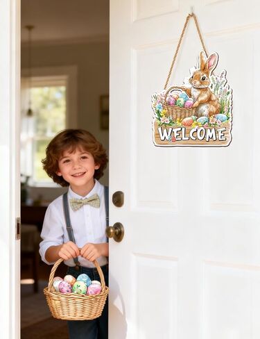 أرنب عيد الفصح ترحيب علامة الباب الخشبية، مزرعة الربيع شنقا أرنب الديكور الباب الأمامي مع البيض، ريفي باب الخشب شماعات للشرفة، الجدار، ديكور داخلي في الهواء الطلق in Kuwait