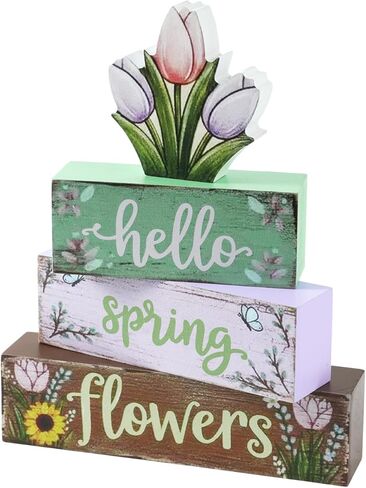 Spring Wooden Tabletop Decor with Tulip Design, Hello Spring Flowers Stacked Wood Sign for Indoor Home, Farmhouse Spring Easter Table Decor in Saudi Arabia