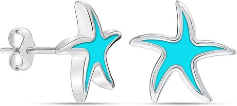 LeCalla 925 Sterling Silver Stud Earrings | Women's Silver Earrings | Lightweight Abalone Shell Stud Earrings | Turquoise Enamel Starfish and Dolphin Design Earrings for Women in Saudi Arabia