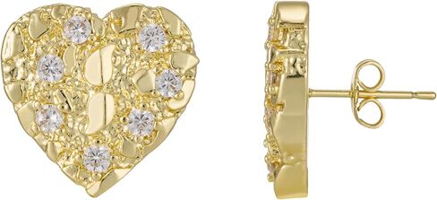14K Gold Plated Rough Textured Cookie Nugget Earrings For Women Nugget Stud Cubic Zirconia CZ Heart Shape Gold Studs Earrings in Saudi Arabia