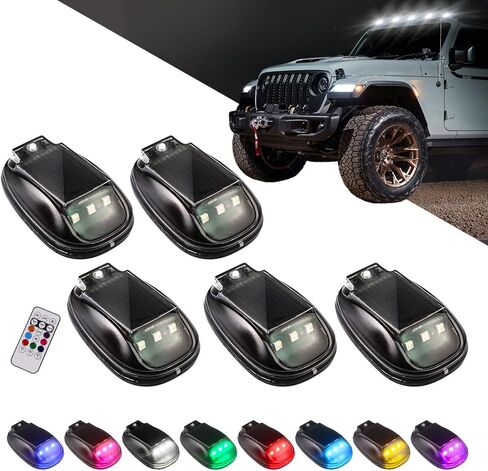 5PCS Wireless Solar Cab Lights for Truck, No Drill Type-C Charging Cab Roof Top Marker Lights, 8-Colors LED Marker Light with Vibration Sensor for Jeep Pickup SUV ATV Off-road in Saudi Arabia