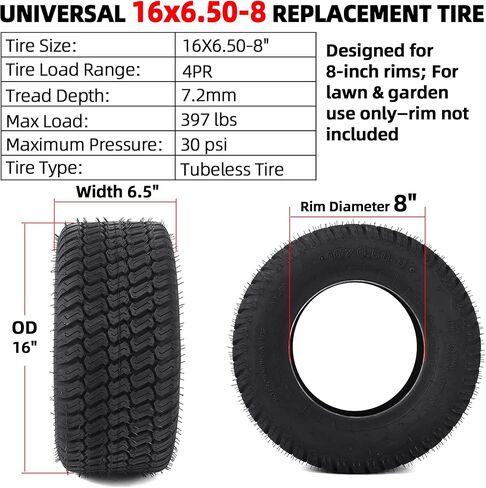إطارات AR-PRO 16x6.50-8، إطار متين بدون أنابيب 4PR لجرار جزازة العشب مع مداس العشب العميق، الحافة غير متضمنة (عبوة واحدة) in Saudi Arabia
