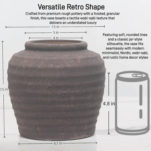 مزهرية سيراميك ريفية من المزرعة - مزهريات زهور مزخرفة بلون الأرض لديكور المنزل البوهيمي، قطعة مركزية لطاولة غرفة المعيشة - لمسة فنية حديثة كبيرة مقاس 7.5 بوصة (بني) in Kuwait